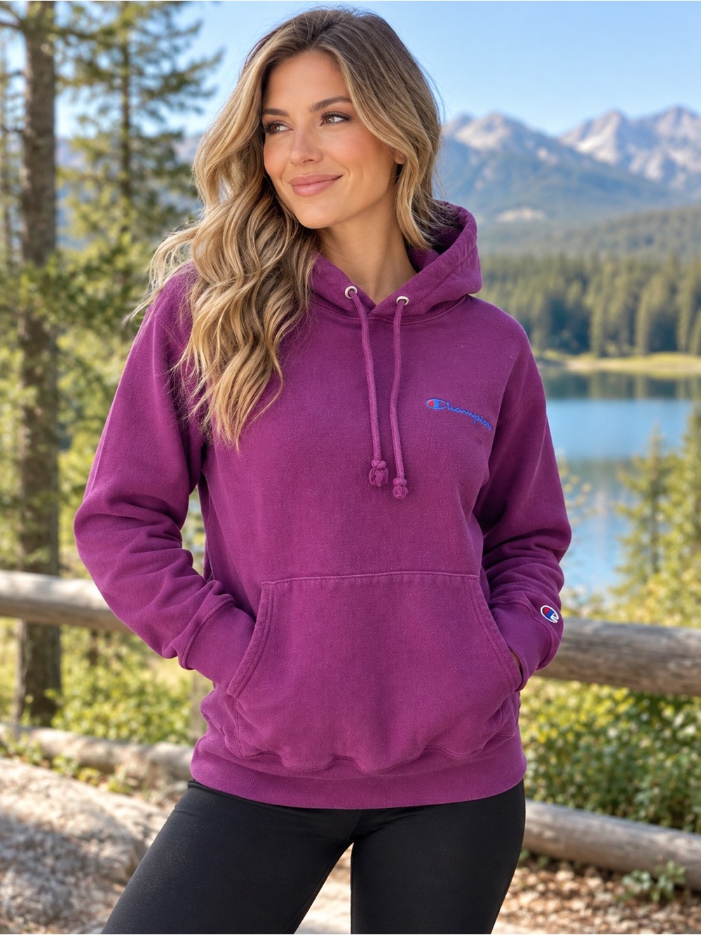 371) Champion Purple Pullover Hoodie Embroidered Logo Kangaroo Pocket